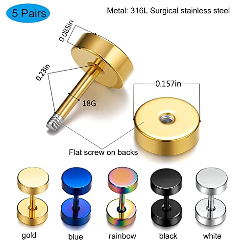 316L Surgical Steel Mens Earring Flatback Screw Stud Earrings Hypoallergenic Titanium Ear Piercing Studs For Women (B-5 Pair-4Mm) #TOP2