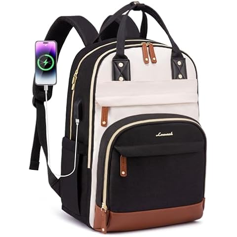 LOVEVOOK Laptop Backpack for Women, Fits 15.6 Inch Laptop Bag, Fashion Travel Work Anti-theft Bag with Lock, Business Computer Waterproof Backpack Purse, College Backpacks, Beige-Black-Brown Cover