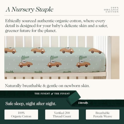 Image of 100% Organic Cotton Baby Crib Sheets (3-Pack) - GOTS Certified, Soft Fitted Sheets for Mini Mattress & Pack n Play, 5 inch Deep Pocket with Secure Elastic Fit, Boys & Girls, 28 inch x 55 inch (Croc Race)
