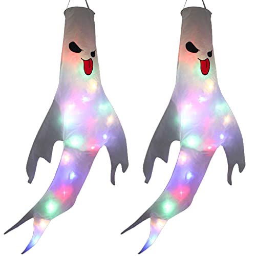 Akayoo Halloween Ghost Windsocks with White LED String Lights, Manches à Air FantôMes DHalloween avec Guirlandes Lumineuses à LED Blanches, for Halloween Outdoor Yard Garden Patio Party Decoration Cover