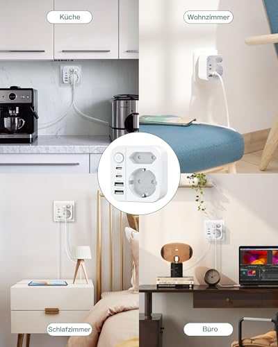 OUFUYU Mehrfachsteckdose 6-in-1 mit USB, Doppelstecker mit 2 USBA und 2 USBC Steckdose, Wandsteckdose mit Schalter (3680W/16A), Mehrfachstecker für Zuhause/Büro/Reisen