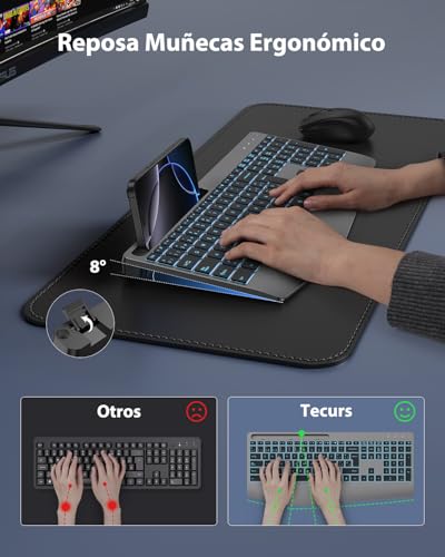 Miniatura 3 de Tecurs Teclado Inalámbrico Ergonómico Con Reposamuñecas, 2.4g Teclado Silencioso Recargable, Retroiluminación, Teclado Español Qwerty Para Windows 11 10 8 7 Vista Xp