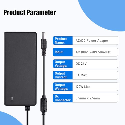 TOBWOLF DC 24V 5A Netzteil, 120W AC 100-240V zu DC 24V Netzteil Transformatoren, 5.5 x 2.5mm Schalten PC Netzkabel für Wireless Router, CCTV Sicherheitssystem, LCD Monitor EU Stecker