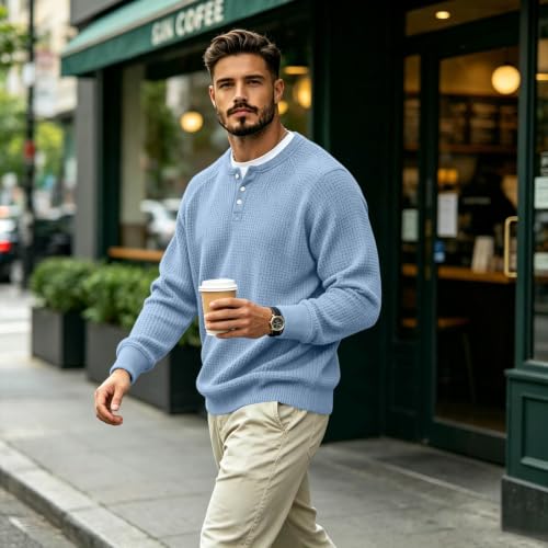 Mens Waffle Long Sleeve Shirt Slim Fit Henley Shirts Long Plus Size Tshirt - image 3