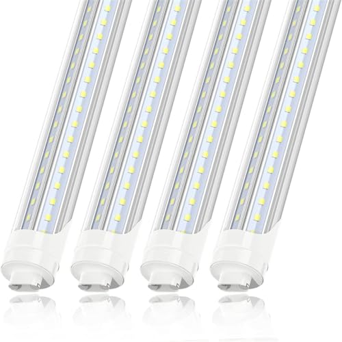 JESLED 8FT LED Bulbs Light 72W 6000K Daylight R17D/HO Base 7200LM 110W Equivalent Fluorescent Tubes F96T12/DW/HO Rotate V Shaped ETL Listed Dual-Ended Powered Ballast Bypass Clear 4-Pack