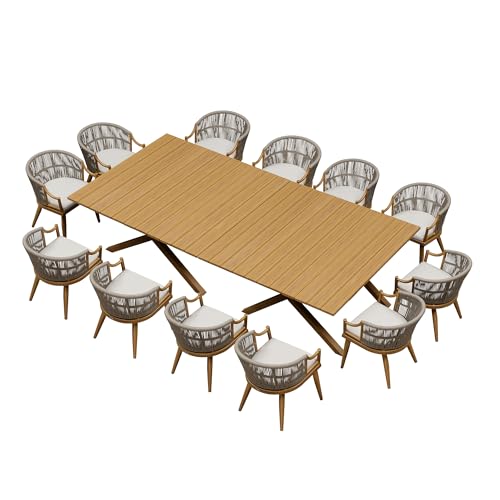 PURPLE LEAF 14 Pieces Outdoor Dining Set All Weather Wicker Patio Dining Set with Rectangular Aluminum Table and Modern Armrest Dining Chairs for Garden Deck Backyard Kitchen, Teak