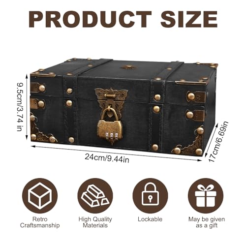 XPJBKC Vintage Holz Schatztruhe, 24 x 17 x 9.5 cm Schatztruhe mit Zahlenschloss, Holz Aufbewahrung Schatzkiste, Holztruhe Schatzkiste Holzkiste mit Deckel für Kindergeburtstag Hochzeit Dekorieren