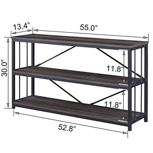 Lvb Industrial Console Table, Metal And Wood Sofa Table, Rustic Entryway Table With Storage, Modern 3 Tier Shelf Long Foyer Tables Behind Couch For Home Living Room Hallway, Dark Gray Oak, 55 Inch #TOP2
