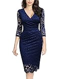 Miusol Women's Retro Deep-V Neck Ruffles Floral Lace Evening Pencil Dress (Small, Navy Blue)