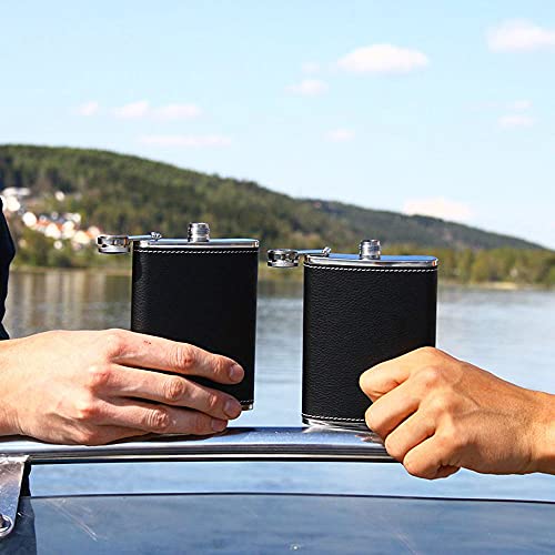 Image of ROIMOE Stainless Hip Flask Gift Set 8 Oz Hip Flask with Black Leather Cover Portable Steel Hip Flasks for Liquor with 2 Cups & Funnel Whiskey&Rum &Vodka Flasks for Drink Bar BBQ and Traveling