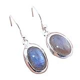 Solid 925 Sterling Silver Earrings For Women, Genuine Labradorite Earrings, Silver Dangle Earrings, Bezel Set Oval Gray Gemstone Hypoallergenic Bohemian Earrings, Christmas Gift