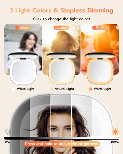 Benbilry Rechargeable Compact Makeup Mirror With Lights And Magnification 1X / 10X, Double Light Strip Dimmable Travel Makeup Mirror With 3 Light Colors Mini Magnetic Closing Pocket Mirror For Women #TOP2