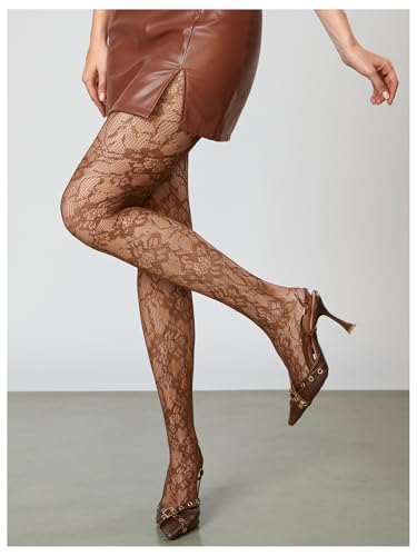 Image of RoseSeek Women's Floral Lace Fishnet Tights Kawaii Y2K See Through Stocking | Sheer Mesh, Lace Tights, Floral Lace Fishnet Tights, Thigh Highs, Leggings, Y2K Stockings