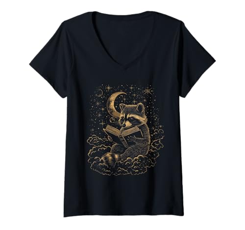 Womens Raccoon Reading Book Lover Moon Celestial Dark Academia V-Neck T-Shirt