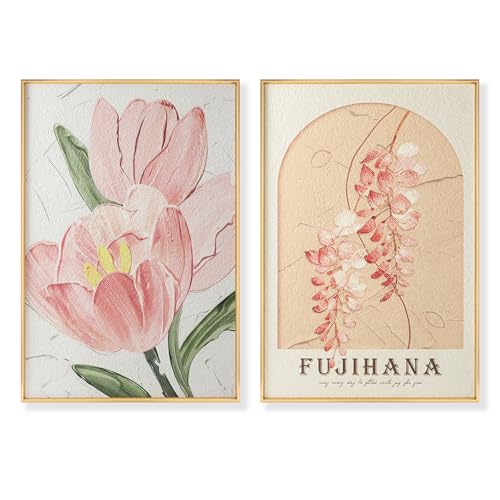 Cuadros decorativos enmarcados conjunto de 2 decoraciones de pared con plantas y flores coloridas decoración de pared con flores rosas para salones dormitorios y habitaciones de niñas 23,6*15,7 inch