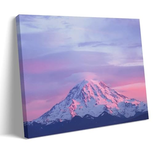 Mont Rainier coucher de soleil rose : grand tableau paysage cascade en toile imprimée 60 x 90 cm