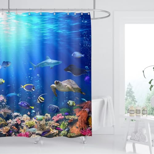 ZXMBF Ocean Underwater World Shower Curtain Colorful Tropical Fishes Turtle Coral in The Deep Sea Home Décor Waterproof Fabric 72Lx72W Inch Blue Plastic Hooks 12PCS by ZXMBF - Image 2