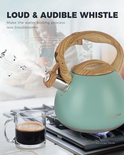 Image of POLIVIAR Tea Kettle, 2.7 Quart Blue Finish with Wood Pattern Handle Loud Whistle Food Grade Stainless Steel Teapot, Anti-Hot Handle and Anti-Rust, Suitable for All Heat Sources JX2025-TB30