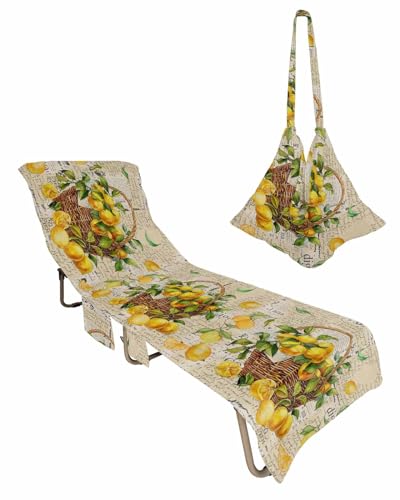Rustic Lemon Beach Chair Towel Covers for Chaise Lounge with Side Pocket, Soft Plush Pool Towels Cover for Patio Sunbathing Outdoor 29''x85'' Watercolor Retro Blooming Fruit Yellow
