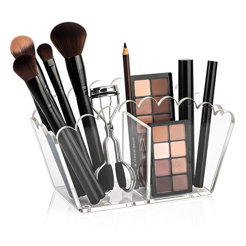 Novacrylion Clear Acrylic Pen Holder 2-Compartment Scalloped Desk Caddy for Office, Vanity or Bathroom &ndash; Makeup Brush & Pencil Organizer (2-Comp)