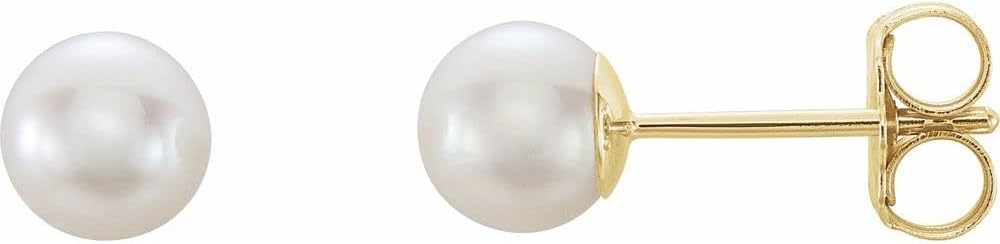 Solid 14k Yellow Gold 5mm White Akoya Cultured Pearl Stud Earrings