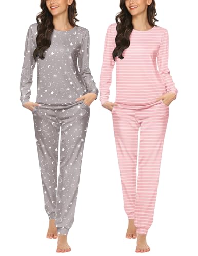 Ekouaer 2 Pack Pajama Sets for Women,Long Sleeve Top Jogger Pant Loungewear - image 1