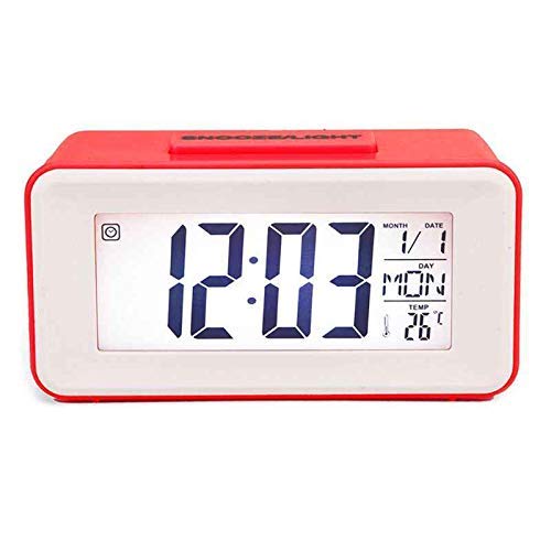 Front view of Hojo DS-3620 alarm clock with red casing, showing digital time, date, day, and temperature.