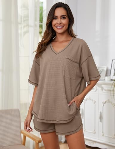 Image of Womens Pajama Sets Waffle Knit 2 Piece Short Lounge Set Cute Sleep Loungewear Pjs Set Short Sleeve Top and Shorts