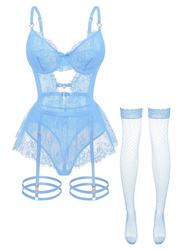 Image of Foxiny Sexy Lingerie Set 3 Piece Women Corset Bodysuit | Sheer Mesh Lace Push-Up Underwire Heart Garter Stocking Plus Size Curvy Exotic Costume Halloween Christmas Valentine's Day