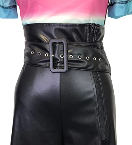 Bluewolfsea Womens Vintage Empire High Waist Bell Bottom Faux Leather Flare Wide Leg Pants with Belt3