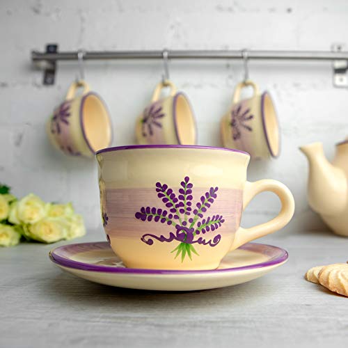 City to Cottage® Lavender Pattern Purple and Cream | Designer Handmade Hand Painted | Large Unique Ceramic 12oz/350ml | Cappuccino Coffee Tea Cup with Saucer | Gift
