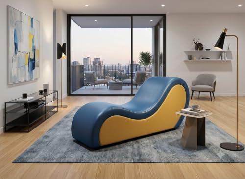 Image of SOUL CRAFT Sheesham Wood Leatherate Tantric Loung Chair, Yoga Chaise Lounge,Chaise Sofa Modern Lounge,Relaxing Chaise Lounge Chair, loveseats with Cushion (Blue and Yellow)