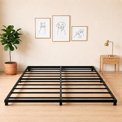 AozoChromix 3 Inch Bed Frame Low Bed Frame Queen Floor Metal Platform Black