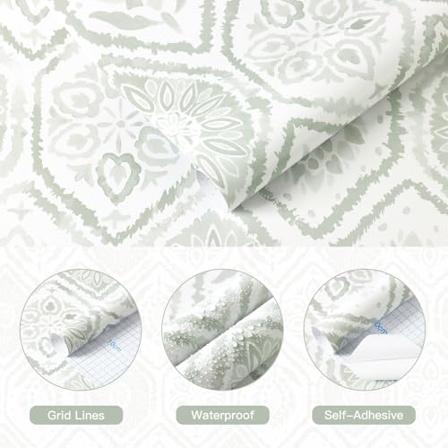 HeloHo 17.3" X 197" Peel and Stick Wallpaper Green Contact Paper Boho Wall Paper Modern Geometric Removable Self Adhesive Wallpapers for Bedroom Bathroom Cabinet Waterproof Decor Vinyl Rolls by HeloHo - Image 3