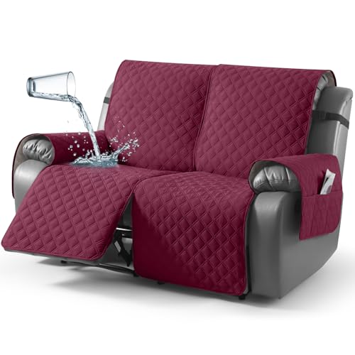 TAOCOCO 100% Waterproof Recliner Couch Covers, Recliner Sofa Covers with Leg Straps, 1-Piece Washable Reclining Sofa Cover with Pocket Couch Protector for Pets Kids(2 Seater, Wine)