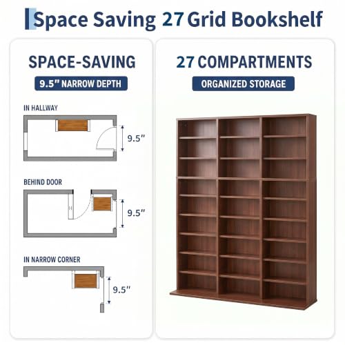 Image of Garvee 9 Tier Tall CD Display Cabinet, 27-Compartment Media Tower, Walnut