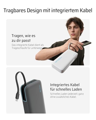 CUKTECH 20000mah Power Bank, 45W Powerbank mit Integriertem USB-C Kabel, Externe Handyakkus mit Schnellladefunktion… – Ansicht 4