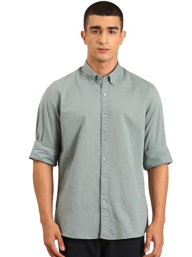 Image of Cavallo by Linen Club Men's Blended Linen Sage Solid Contemporary Fit Full Sleeve Casual Shirt
