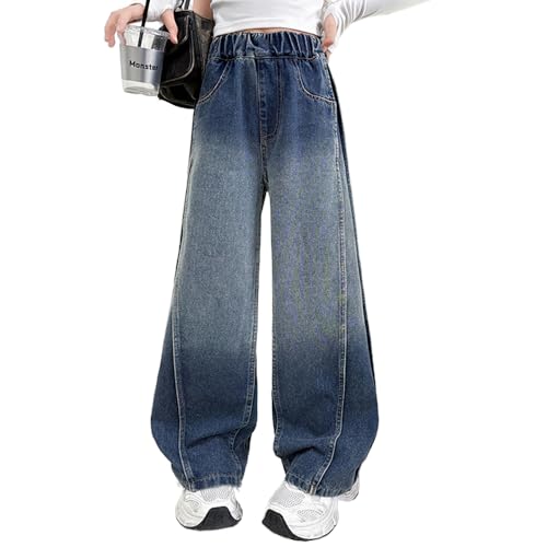 Spliced Jeans for Tween Girls, Elastic Waist Gradient Wash Denim Baggy Pants, 4 Pockets Wide Leg Vintage Trousers2