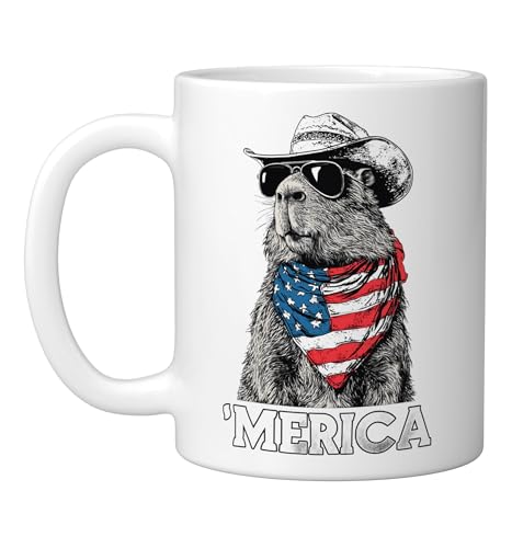 Capybara Sunglasses American Flag Bandana Cowboy Hat Country Ceramic Mug, White