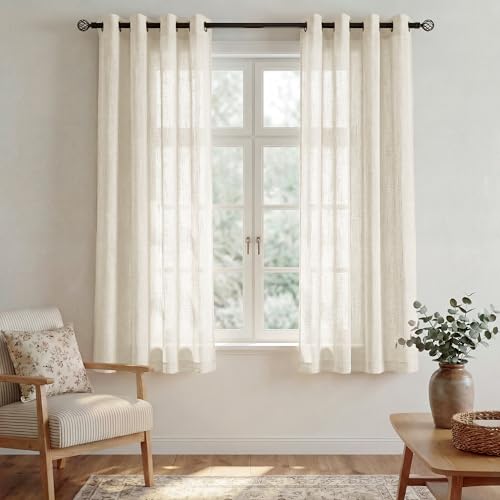 PONY DANCE - Beige Voile Window Curtains with Half Transparent Cross Pattern - Living Room Decoration - Bright, Romantic - Width 132 cm x Height 180 cm - 2 Pieces