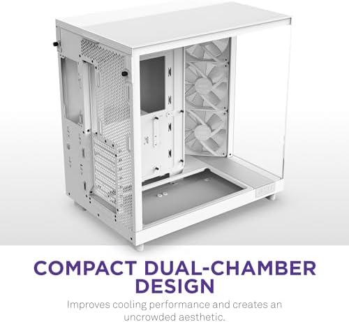 NZXT H6 Flow RGB | CC-H61FW-R1 | Compact Dual-Chamber Mid-Tower Airflow Case | Includes 3 x 120mm RGB Fans | Panoramic Glass Panels | High-Performance Airflow Panels | Cable Management | White
