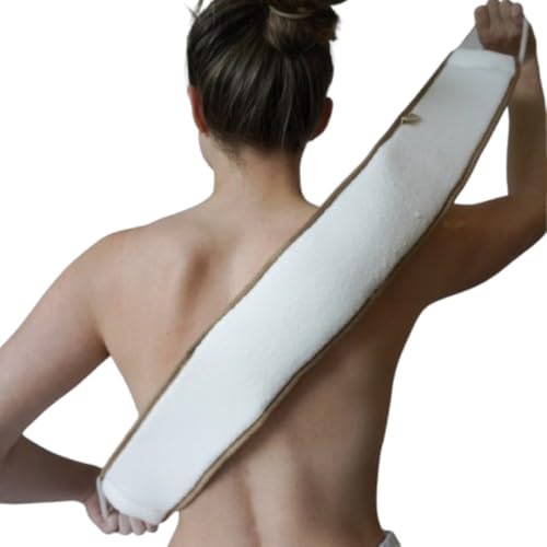 Loofahcrafts Esponja exfoliante de lufa para la espalda – Banda de ducha natural egipcia, limpiador corporal para zonas de difícil acceso, lavable, suave y eficaz