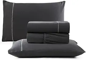 Jogo de Cama Casal Percal 400 Fios Ponto Palito 04 Peças, Antiácaro, Anti-pilling com Toque Macio - Chumbo