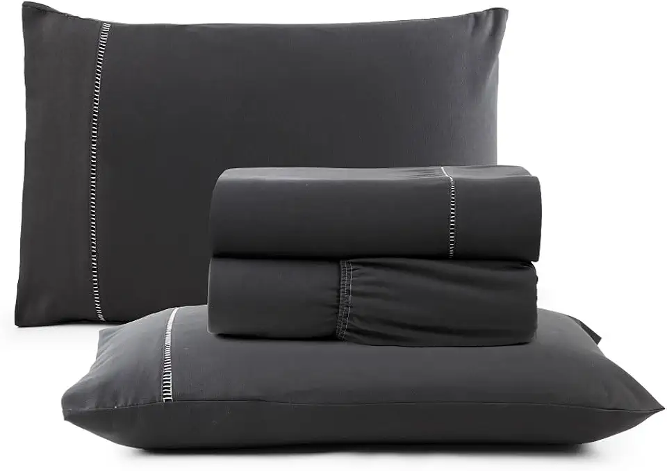 Jogo de Cama Casal Percal 400 Fios Ponto Palito 04 Peças, Antiácaro, Anti-pilling com Toque Macio - Chumbo