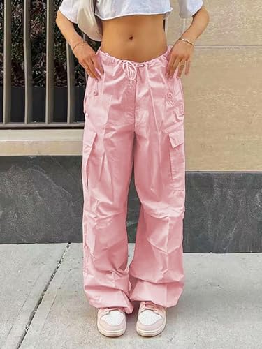 Xineicy Parachute Pants for Women Drawstring Baggy Cargo Pants Y2K Trouser Low Rised Jogger Sweatpants Loose Hip Hop A Pink
