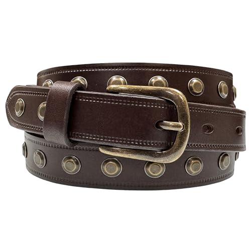 2581101 One Piece Genuine Leather Belts for Women Studded Punk Dress Jean Belt 1"(25mm) wide (Brown, 36)