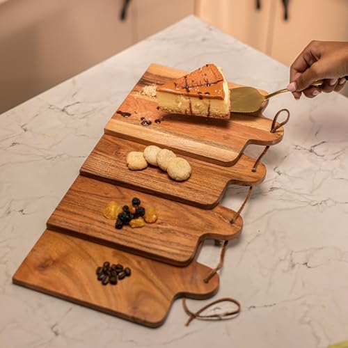 Image of Earthstone Serving Board Set of 4 | Handcrafted Acacia Wood & Serving Board for Snacks, Appetizers, Cheese & Desserts | Food-Safe Wooden Platter