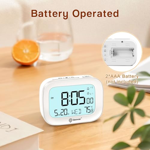 Image of Geevon Small Travel Alarm Clock, Digital Alarm Clocks for Bedrooms Home Office, Battery Operated Desk Clock with 3 Inch Large Display, 2 Alarms, 5s Backlight, Snooze, Indoor Temperature, White