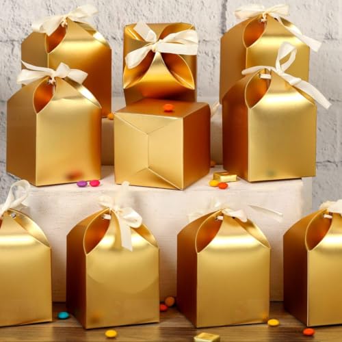 Image of SATYAM KRAFT 24 Pcs Multipurpose Decorative Paper Folding Gift Boxes with Ribbon | For Wedding, Return Gifts, Birthday, Chocolates, Dry Fruits, Festive Favors (Golden)